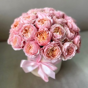 Композиция в шляпной коробке из кустовой пионовидной розы Джульетта в Воскресенске