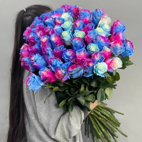 Букет "Радуга" из 51 розы Эквадор под ленту (70 см) в Воскресенске